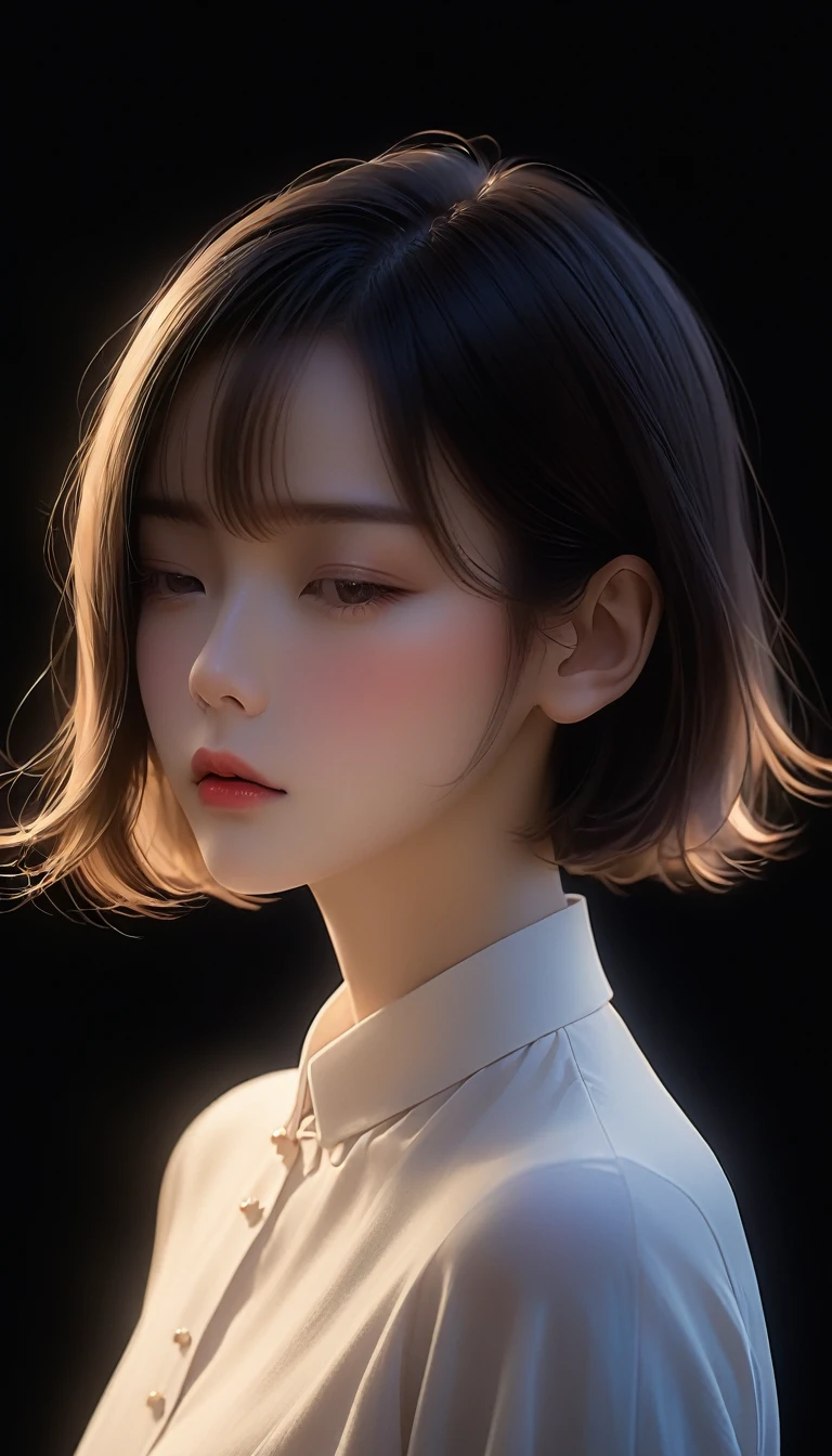 Japanese women、Bob Hair、Matte texture、顔のIlluminationライン、simple、Minimalism、beautiful girl、Soft and elegant colors、Dark Background、Illumination。