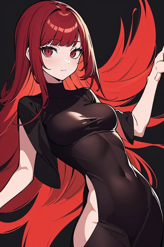 a beautiful girl with long red hair wearing a black dress, detailed facial features, bob haircut, full body illustration, woman wearing a long black and red coat, solo character, white background, anime style, highly detailed, photorealistic, 8k, best quality, masterpiece　青い瞳