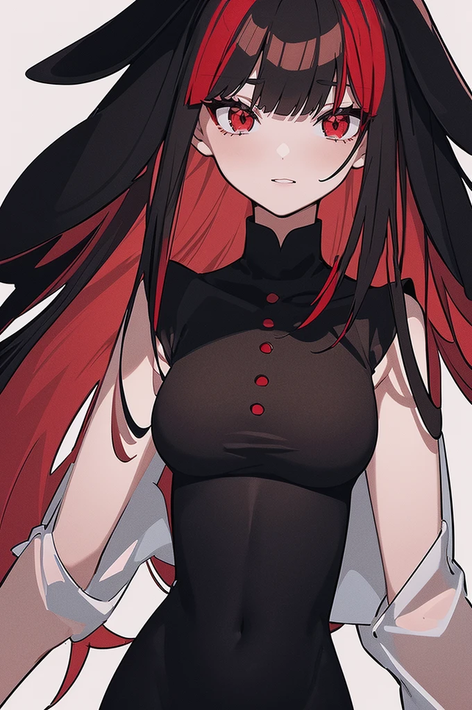 a beautiful girl with long red hair wearing a black dress, extremely detailed facial features, bob hairstyle, full body illustration, woman wearing a long black and red coat, solo character, white background, anime style, highly detailed, photorealistic, 8k, best quality, masterpiece, blue eyes