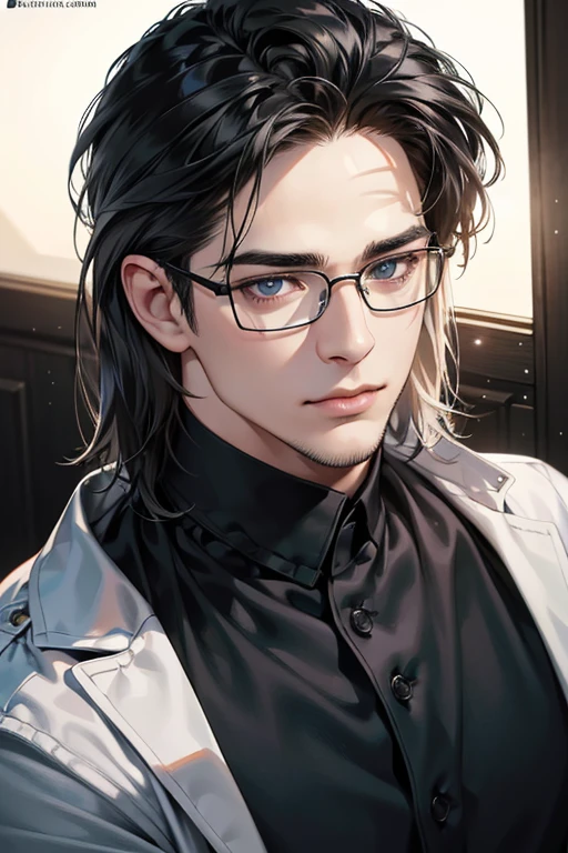 (Best quality,4K,8K,a high resolution,masterpiece:1.2),ultra detailed,(realistic,photorealistic,photo-realistic:1.37),39 year old man,3 day beard,Beautiful anime,portraits,strong,masculine,dark hair,Sharp jawline,Mesmerizing blue eyes,Perfectly styled hair,cool anime outfit,confident expression smile in love,bright colors,dynamic lighting, grey eyes, (black shirt, glasses on face)