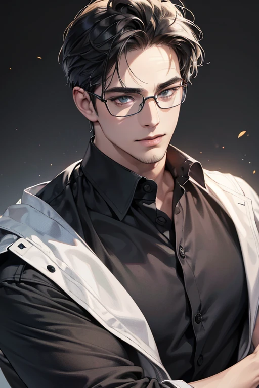 (Best quality,4K,8K,a high resolution,masterpiece:1.2),ultra detailed,(realistic,photorealistic,photo-realistic:1.37),39 year old man,3 day beard,Beautiful anime,portraits,strong,masculine,dark hair,Sharp jawline,Mesmerizing blue eyes,Perfectly styled hair,cool anime outfit,confident expression smile in love,bright colors,dynamic lighting, grey eyes, (black shirt, glasses on face)
