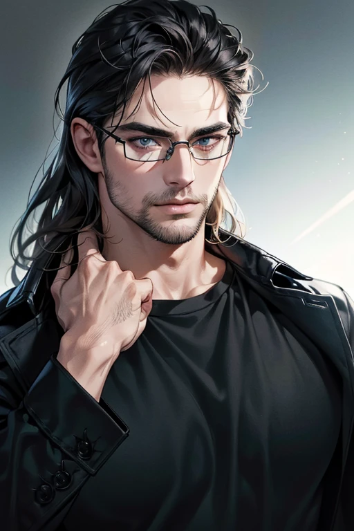 (Best quality,4K,8K,a high resolution,masterpiece:1.2),ultra detailed,(realistic,photorealistic,photo-realistic:1.37),39 year old man,3 day beard,Beautiful anime,portraits,strong,masculine,dark hair,Sharp jawline,Mesmerizing blue eyes,Perfectly styled hair,cool anime outfit,confident expression smile in love,bright colors,dynamic lighting, grey eyes, (black shirt, glasses on face)