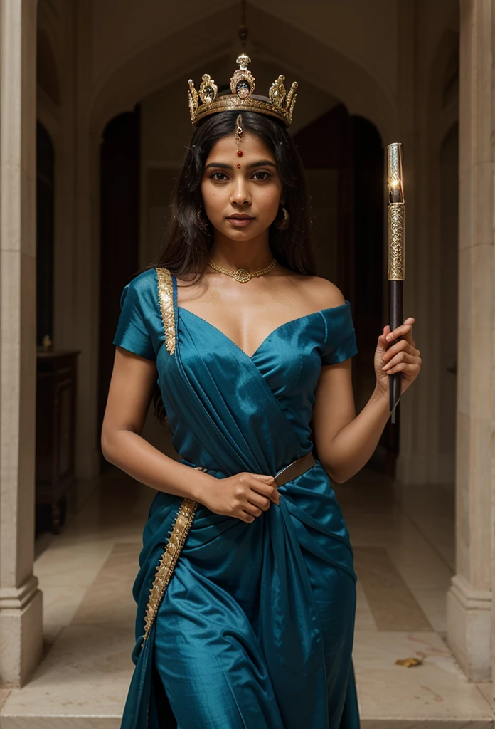 Beautiful Indian woman wearing a royal dress, crown and holding a sceptre, standing