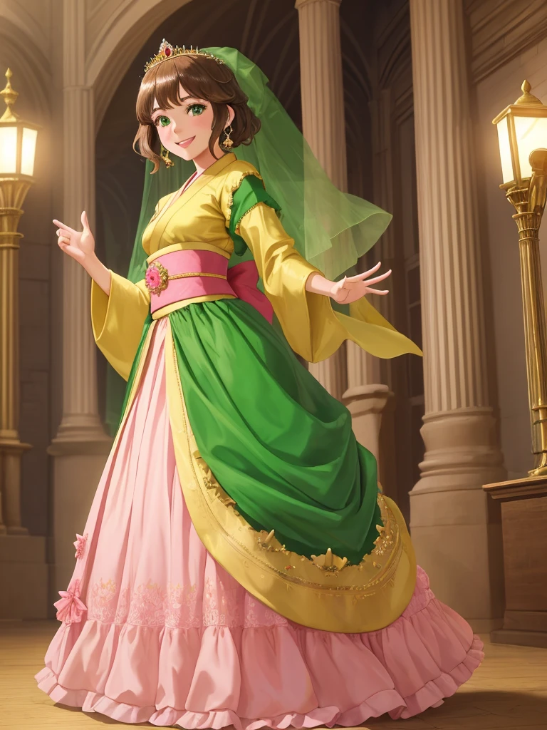 masterpiece, best quality:1.2), 1girl, smile, looking at viewer, green eyes, short brown hair, princess, princess dress, wearing puffy pink ballgown reaching the floor, green kimono, golden tiara with veil, standing in ballroom of medieval castle