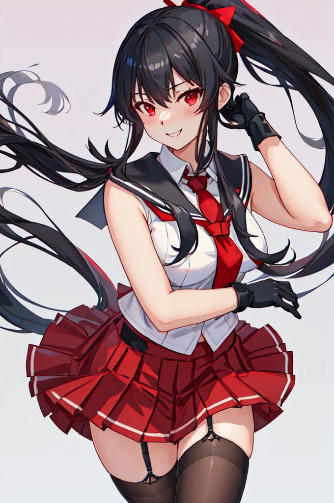 best quality, masterpiece, highres, solo, {yahagi_kantaicollection:1.15}, long_hair, black_hair, ponytail, red_eyes, sidelocks, breasts, hair_between_eyes, large_breasts, 1girl, anchor_symbol, gloves, looking_at_viewer, pleated_skirt, red_skirt, sailor_collar, school_uniform, serafuku, shirt, skirt, sleeveless, sleeveless_shirt, smile, white_gloves, black_sailor_collar, necktie