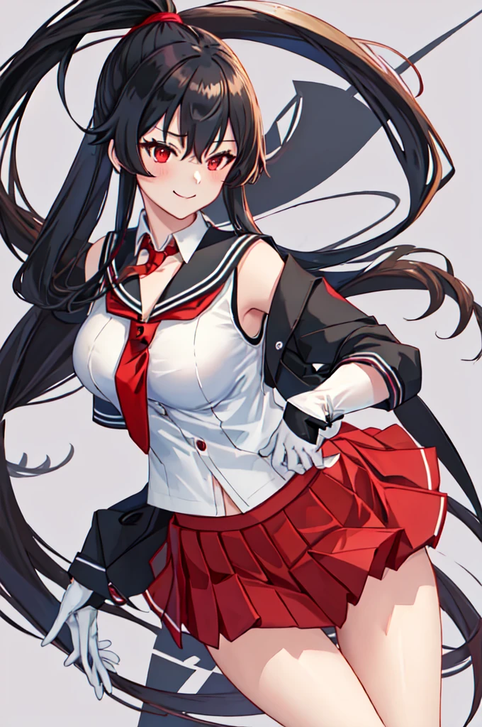 best quality, masterpiece, highres, solo, {yahagi_kantaicollection:1.15}, long_hair, black_hair, ponytail, red_eyes, sidelocks, breasts, hair_between_eyes, large_breasts, 1girl, anchor_symbol, gloves, looking_at_viewer, pleated_skirt, red_skirt, sailor_collar, school_uniform, serafuku, shirt, skirt, sleeveless, sleeveless_shirt, smile, white_gloves, black_sailor_collar, necktie