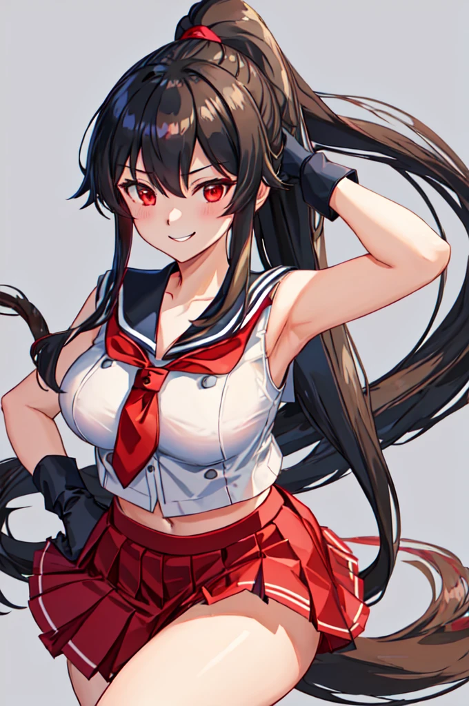 best quality, masterpiece, highres, solo, {yahagi_kantaicollection:1.15}, long_hair, black_hair, ponytail, red_eyes, sidelocks, breasts, hair_between_eyes, large_breasts, 1girl, anchor_symbol, gloves, looking_at_viewer, pleated_skirt, red_skirt, sailor_collar, school_uniform, serafuku, shirt, skirt, sleeveless, sleeveless_shirt, smile, white_gloves, black_sailor_collar, necktie