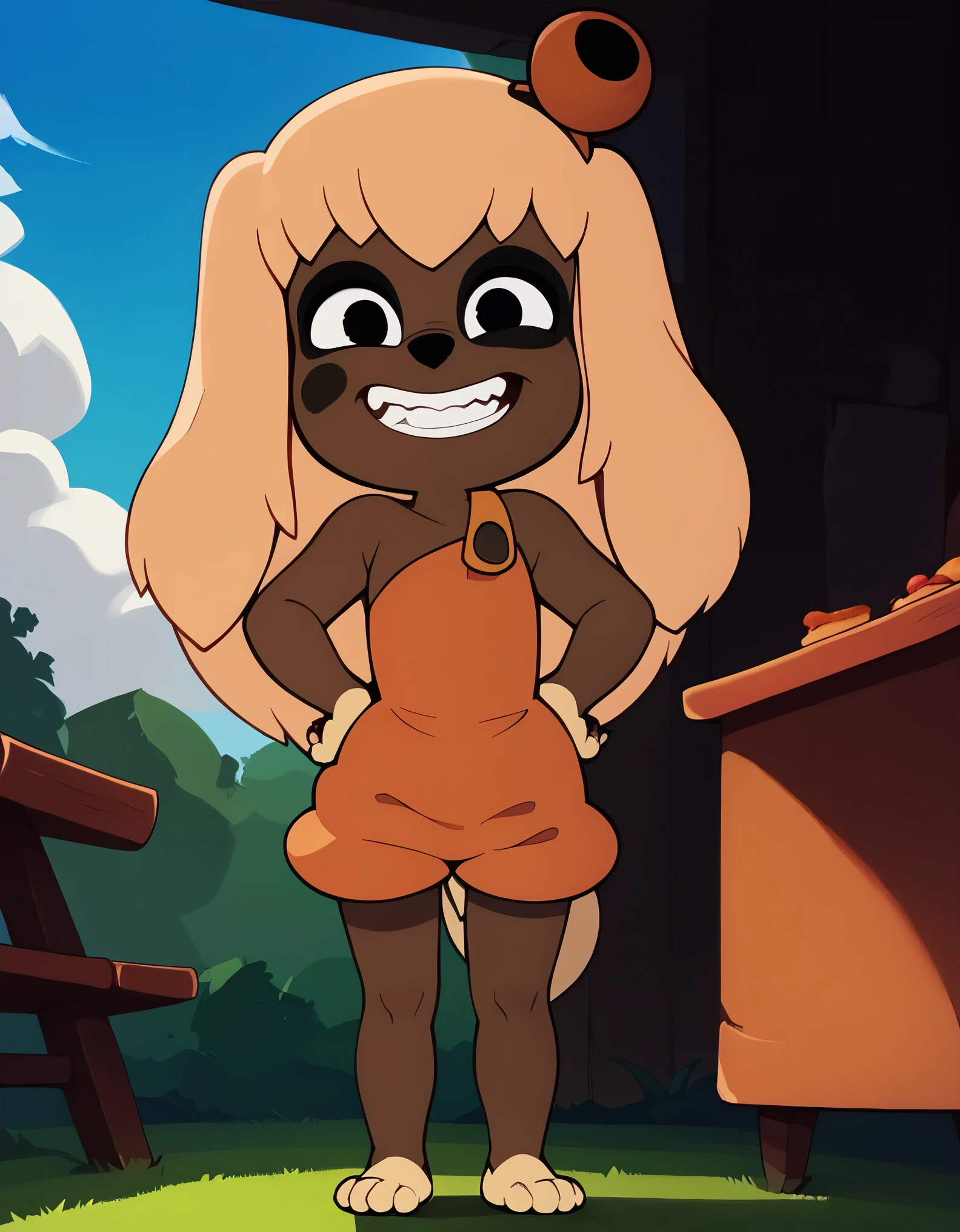 (lilotte:1.3), (tail covering crotch:1.3), solo, girl, dog ears, long hair, furry female, dog tail, long tail, big tail, barefoot, looking at viewer, blonde hair, black eyes, full body, standing, smile, upper body, sleeveless, orange overalls, outdoors, bell, dog girl, holding, animal nose, grin,teeth, hands on hips, paw pads, from behind, open mouth, closed mouth, closed eyes, indoors, sky, day, blue sky, food, cloud, grass,