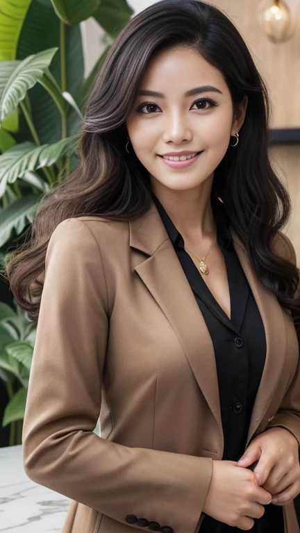 1 adult woman, longye hair, curly hair, black hair color, smooth skin, eyes browns, sorrido, vegetation, Occasional, Businesswoman style clothes, light brown blazer, realisitic, with background in a fancy restaurant, 8k super realisitic, super detalhado e realisitic