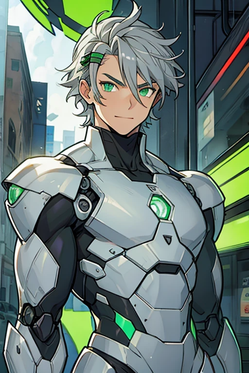 robot man, Grey hair, con hair clips, green eyes, cheerful, nude NSFW gay 