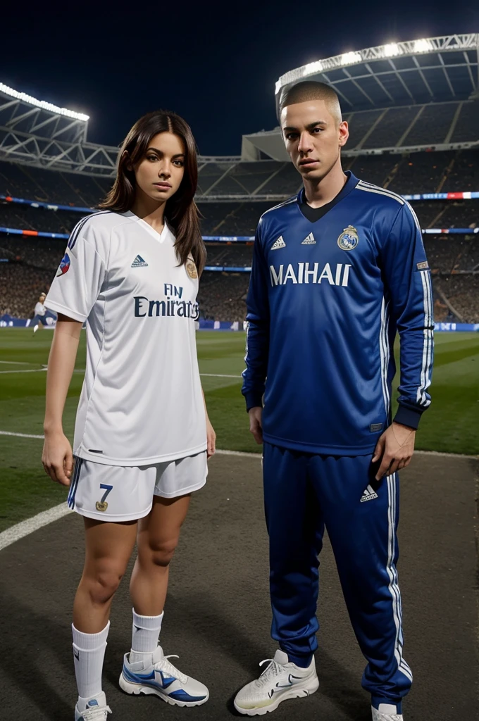 Send me a picture of a man named "AFSAL" and woman named "EMINEM" wearing a jersey number "7" in REAL MADRID CF Team jersey standing outside in front of the stadium " Santiago Bernabeu Stadium" facing towards the stadium standing backwards at night