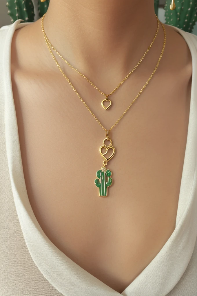 A gold chain necklace with gold edged white hearts charms, In the center of the hearts there are eighth notes in gold and a central pendant of a green cactus that in the center of the cactus has a white treble clef