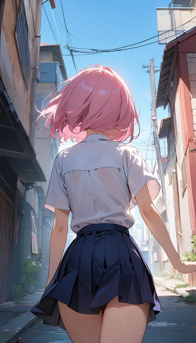 (Best Picture Quality, 8K, Masterpiece:1.3),(high school student:1.5), (pink medium hair), (Bedhead:1.5), (slant skyblue eyes), ((school uniform, short simple sleeve shirt, darkblue skirt, pink tie)), (super clear:1.5), (morning city alley Setting),(running:1.3),(panicking),(sweat:1.3),((looking back:1.3)),(back shot:1.3),(upper body).