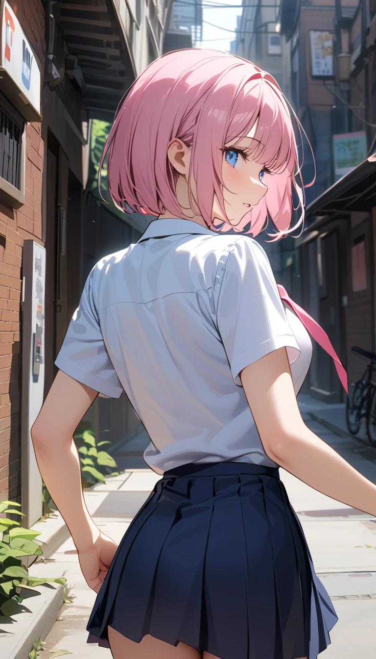 (Best Picture Quality, 8K, Masterpiece:1.3),(high school student:1.5), (pink medium hair), (bob cut), (slant skyblue eyes), ((school uniform, short simple sleeve shirt, darkblue skirt, pink tie)), (super clear:1.5), (city alley Setting),(running:1.3),((looking back:1.3)),(back shot:1.3),(upper body).
