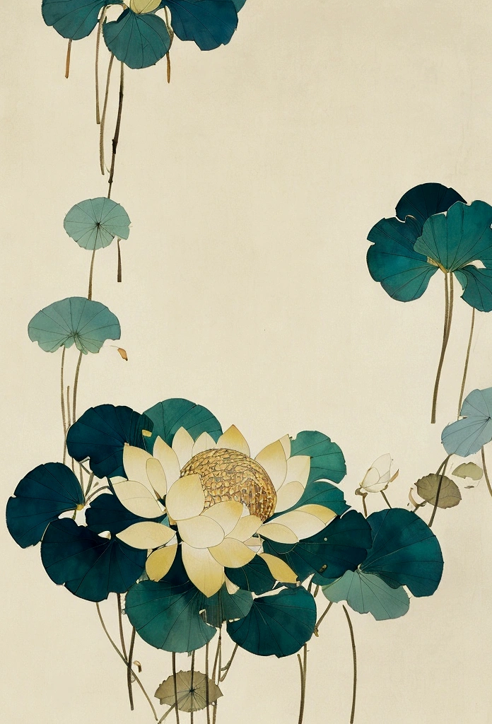 Ink and brushwork style,Lotus,Lotus Leaf,Yellow and blue color scheme,Close shot,close up,Simple lines,Hand Painted,HD details,White background,Painting on rice paper,HD 8k
