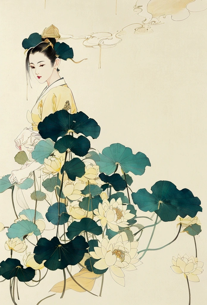 Ink and brushwork style,Lotus,Lotus Leaf,Yellow and blue color scheme,Close shot,close up,Simple lines,Hand Painted,HD details,White background,Painting on rice paper,HD 8k