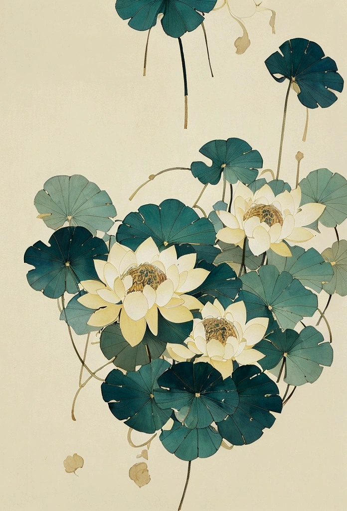 Ink and brushwork style，Lotus，Lotus Leaf，Yellow and blue color scheme，Close shot，close up，Simple lines，Hand Painted，HD details，White background，Painting on rice paper，HD 8k