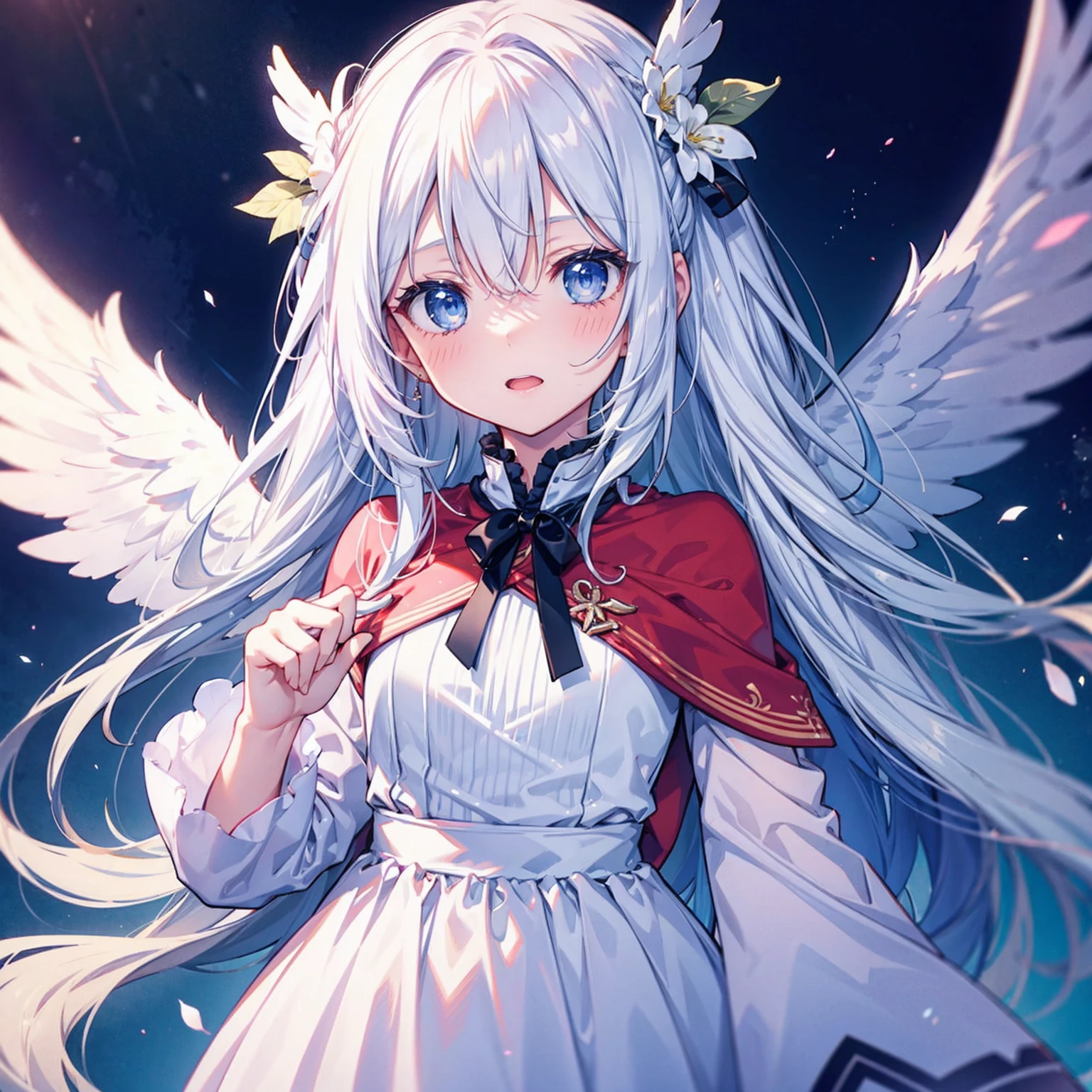 A pretty, cute girl with long white hair and blue eyes、14 Talents、Angel wings on the back、He is shocked, his mouth wide open and his eyes wide open、comical、Bright expression、happy、Blushing、Pure white dress