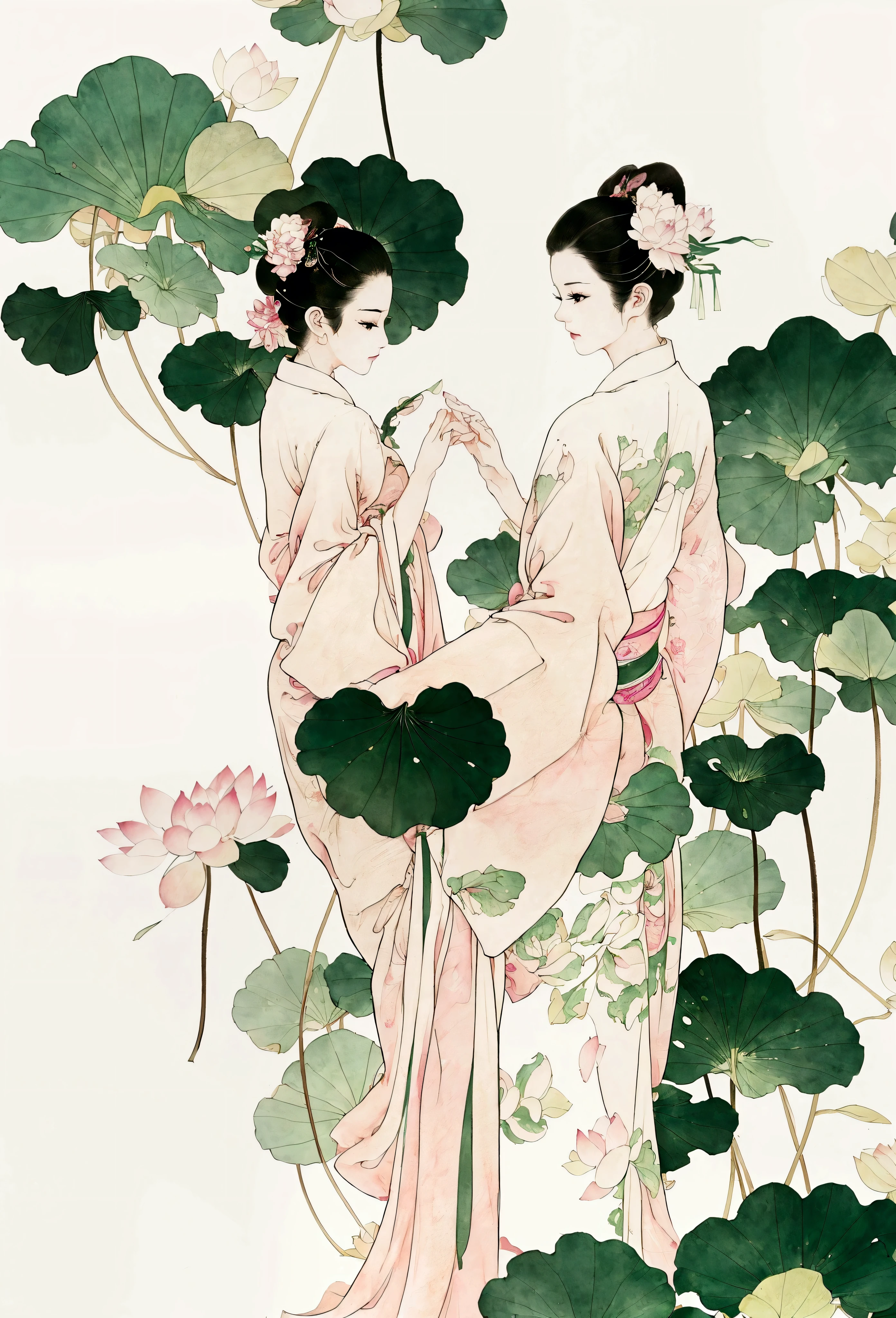 Ink and brushwork style，Lotus，Lotus Leaf，Pink and green color scheme，Simple lines，Hand Painted，HD details，White background，Painting on rice paper，HD 8k
