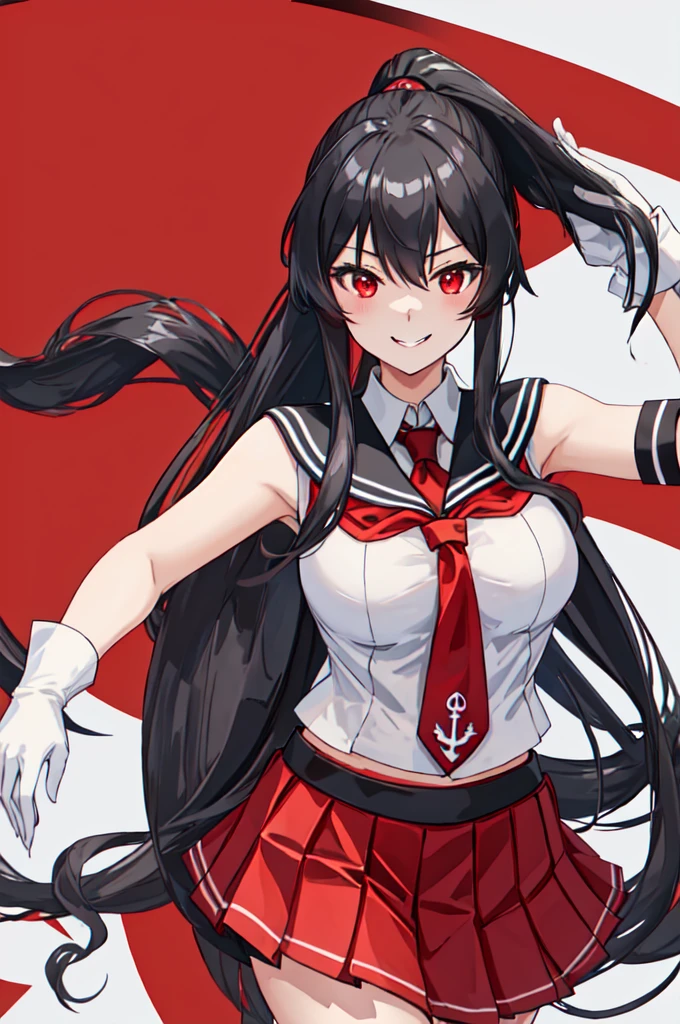 best quality, masterpiece, highres, solo, {yahagi_kantaicollection:1.15}, long_hair, black_hair, ponytail, red_eyes, sidelocks, breasts, hair_between_eyes, large_breasts, 1girl, anchor_symbol, gloves, looking_at_viewer, pleated_skirt, red_skirt, sailor_collar, school_uniform, serafuku, shirt, skirt, sleeveless, sleeveless_shirt, smile, white_gloves, black_sailor_collar, necktie