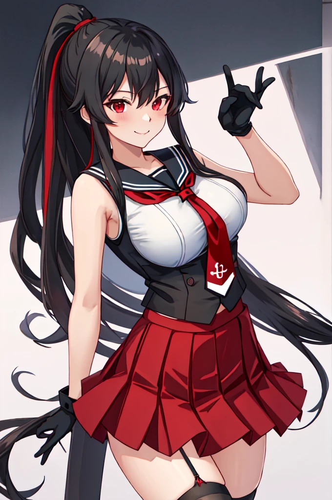 best quality, masterpiece, highres, solo, {yahagi_kantaicollection:1.15}, long_hair, black_hair, ponytail, red_eyes, sidelocks, breasts, hair_between_eyes, large_breasts, 1girl, anchor_symbol, gloves, looking_at_viewer, pleated_skirt, red_skirt, sailor_collar, school_uniform, serafuku, shirt, skirt, sleeveless, sleeveless_shirt, smile, white_gloves, black_sailor_collar, necktie