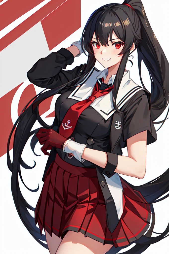 best quality, masterpiece, highres, solo, {yahagi_kantaicollection:1.15}, long_hair, black_hair, ponytail, red_eyes, sidelocks, breasts, hair_between_eyes, large_breasts, 1girl, anchor_symbol, gloves, looking_at_viewer, pleated_skirt, red_skirt, sailor_collar, school_uniform, serafuku, shirt, skirt, sleeveless, sleeveless_shirt, smile, white_gloves, black_sailor_collar, necktie