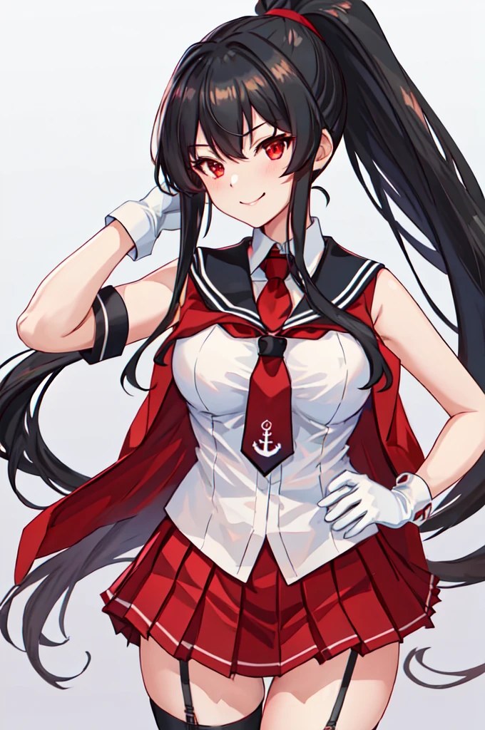 best quality, masterpiece, highres, solo, {yahagi_kantaicollection:1.15}, long_hair, black_hair, ponytail, red_eyes, sidelocks, breasts, hair_between_eyes, large_breasts, 1girl, anchor_symbol, gloves, looking_at_viewer, pleated_skirt, red_skirt, sailor_collar, school_uniform, serafuku, shirt, skirt, sleeveless, sleeveless_shirt, smile, white_gloves, black_sailor_collar, necktie