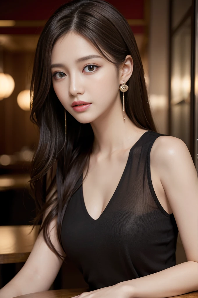 masterpiece, Highest quality, Realistic, Very detailed, Finer details, High resolution, 8k wallpaper, One beautiful woman, Wear an elegant black see-through shirt, In a great restaurant, At night, Light brown messy hair, Perfect dynamic composition, Beautiful and beautiful eyes、Big earrings、Sleeveless shirt、