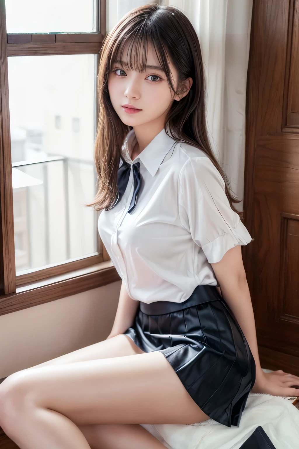 ((Best image quality、8K、masterpiece:1.3))、Realistic high-quality photos、Highest quality、Beautiful and graceful face and eyes、Hands on your back、Uniform eyes、Black Hair、Shiny Hair、 OL、Wearing a short-sleeved blouse、Wear a long skirt、Full Body Shot. Sitting、(((White panties can be seen between her skirt and legs)))、Medium build、Anatomically correct body、