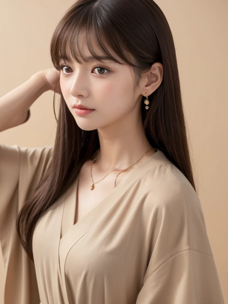 ((Highest quality, 8k, masterpiece:1.3)), concentrate: 1.2, Perfect body beauty: 1.4, Hips: 1.2, ((Long Hair, chest: 1.2)), (Dry clothes: 1.1) , (clear, Simple Background:1.3), Simple clothes: 1.1, Highly detailed face and skin texture,Delicate eyes, double eyelid, Whitened skin, Rough skin、Long Hair、Earrings with bangs、necklace、 solo、Beige coat、White shirt, (((Beautiful girl with cute Japan)))、 ((Beautiful Japanese girl 20 years old))、 ((Baby Face))、 (((Slender body)))、 Upper Body,Face focus、necklace,Simple Background,From above, Realistic Hair、 A photograph was taken:Canon EOS R6、135mm、1/1250 seconds、f2.8、ISO400、(Detailed explanation of the hand)、(Masseter muscle area)、(Exquisite CG)、Long Hair, loose and curly hair、Korean Hair、Long Hair明るいベージュ色、グラデーションハイライトグレージュのゆるふわLong Hairスタイル、