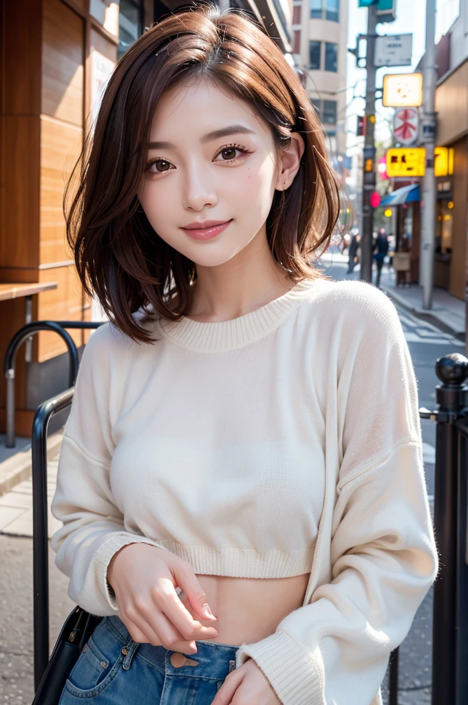 ((Highest quality)), ((masterpiece)), (Familiar), Perfect Face, masterpiece、Highest quality、High resolution、wallpaper、Realistic、Bright lighting、Professional Lighting、Face Light、Smooth lighting、Japanese women、20th Gen Midplate、so beautiful、Beautiful Skin、Beautiful and exquisite、Familiar顔、slim、moderately、short hair、Brunette colored hair、Brown eyes、Looking into the camera、Cafe sofa、 Commercial Photography, Beautiful Instagram influencer girls, The best smile,Daytime