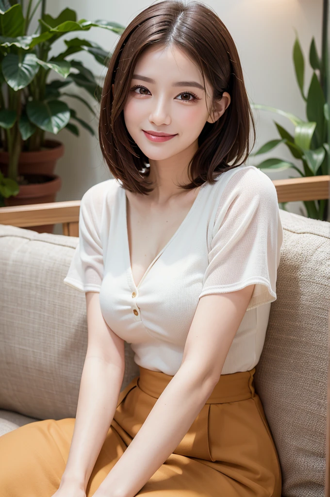 ((Highest quality)), ((masterpiece)), (Familiar), Perfect Face, masterpiece、Highest quality、High resolution、wallpaper、Realistic、Bright lighting、Professional Lighting、Face Light、Smooth lighting、Japanese women、20th Gen Midplate、so beautiful、Beautiful Skin、Beautiful and exquisite、Familiar顔、slim、moderately、short hair、Brunette colored hair、Brown eyes、Looking into the camera、Cafe sofa、 Commercial Photography, Beautiful Instagram influencer girls, The best smile,Daytime