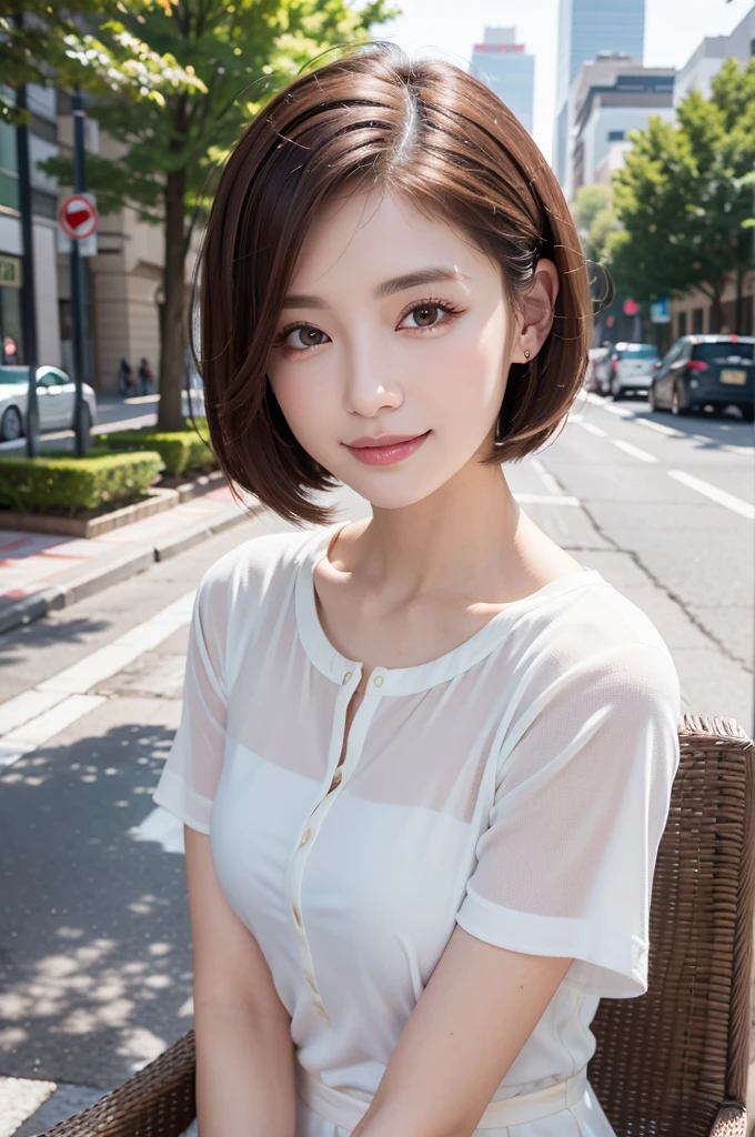 ((cherry trees))、The season is spring、((top-quality、8k、masterpiece))、Photorealsitic、Beautiful breasts、Beautiful Japan woman with perfect body、slim abdomen、((Short-cut hairstyles))、 (Thin, damp buttons up to shirt length:1.1)、(wet from the rain、white shirt)、(Sateen、a street:1.2)、Wet body:1.1、Highly detailed facial and skin texture、 A detailed eye、二重まぶた、skin tanned、A sexy、sun burned body