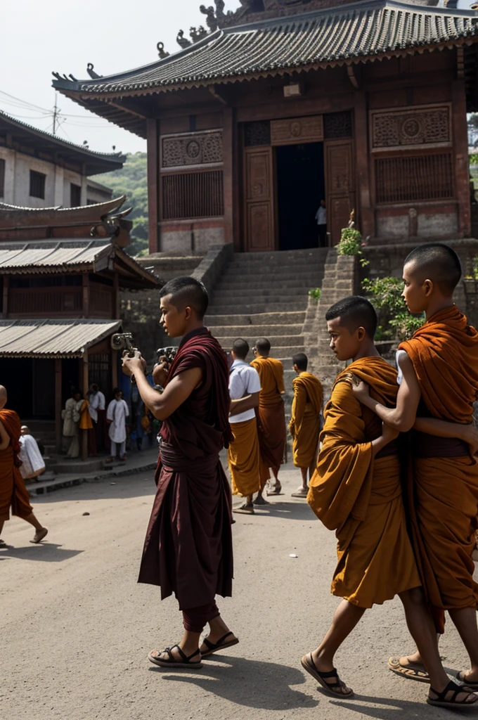 The village has a temple and a school, a market and an industrial factory. Near the temple there are students and monks, and the police are arresting people carrying amphetamines that are being loaded into cars.