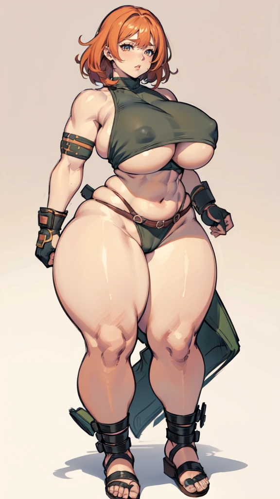 (masterpiece), best quality, female warrior, huge girl, female muscular:1.2, hair over one eye, ginger hair, massive breast, curvy, ((thick thighs:1.5)), (((blank background))), ((full body)), fingerless gloves, sandals, sleeveless, covered nipples, (underboobs:1.3), medium hair, thin hair, (crossed arms)