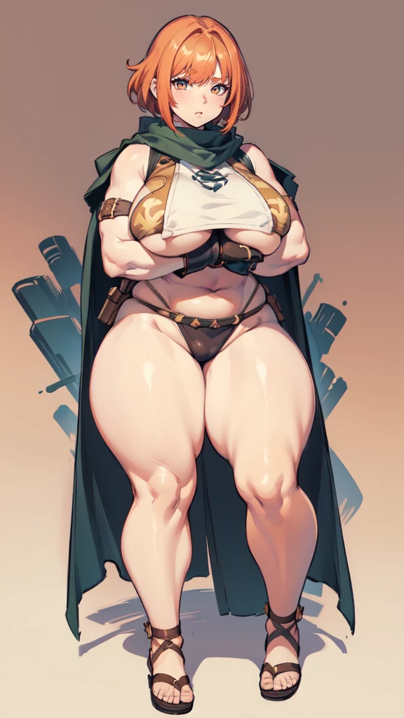 (masterpiece), best quality, female warrior, huge girl, female muscular:1.2, hair over one eye, ginger hair, massive breast, curvy, ((thick thighs:1.5)), (((blank background))), ((full body)), fingerless gloves, sandals, sleeveless, covered nipples, (underboobs:1.3), medium hair, thin hair, (crossed arms)