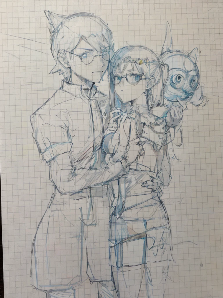 A couple of male and female protagonists wearing Pokemon suits, the woman leans on the man, the man holds a Pokeball pointing it at the screen, the woman is wearing glasses