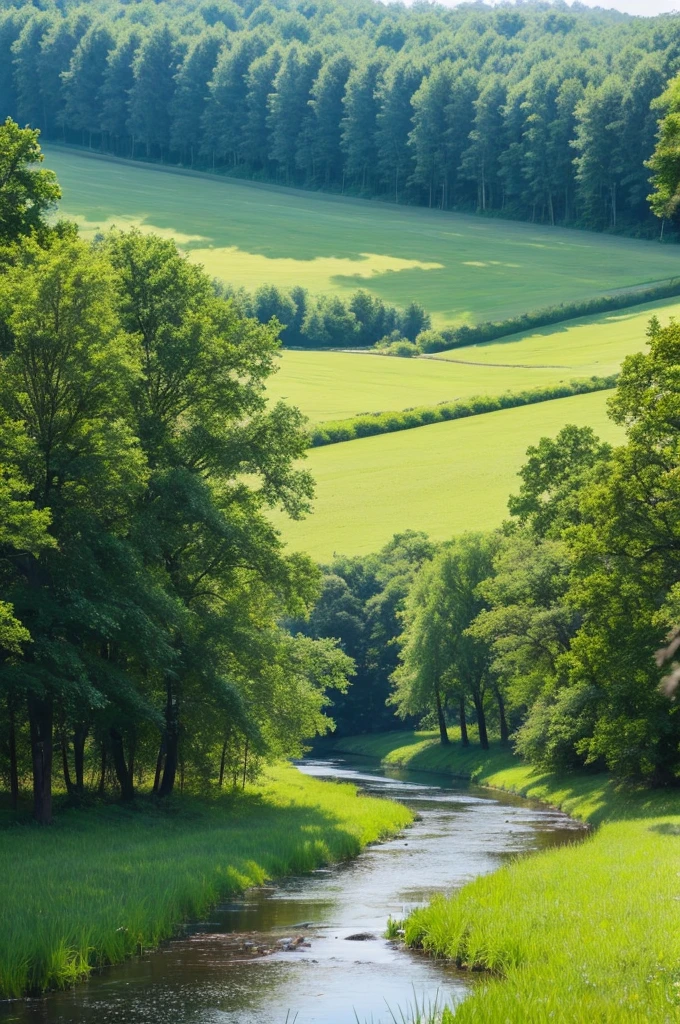 Grass and trees are blowing in the strong wind on the vast grassland。A meadow with a stream、Nobody is here、There is no one、Landscape painting、No person required、No building required、Only trees and grass are needed