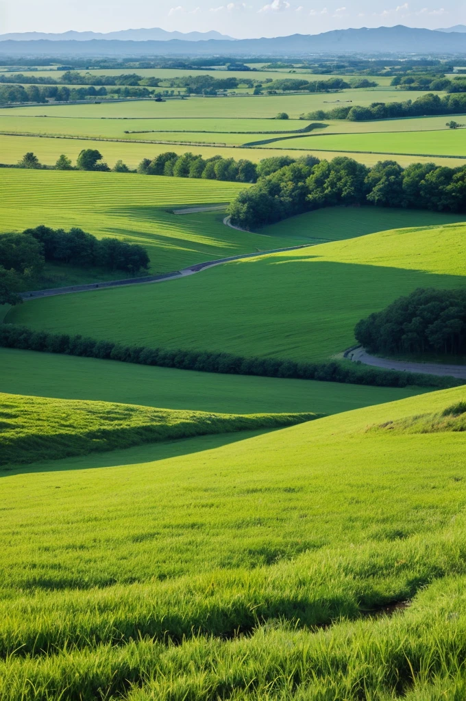 Grass and trees are blowing in the strong wind on the vast grassland。A meadow with a stream、Nobody is here、There is no one、Landscape painting、No person required、No building required、Only trees and grass are needed
