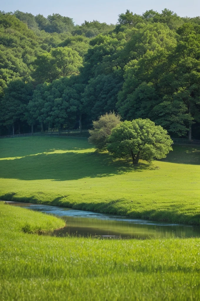 Grass and trees are blowing in the strong wind on the vast grassland。A meadow with a stream、Nobody is here、There is no one、Landscape painting、No person required、No building required、Only trees and grass are needed