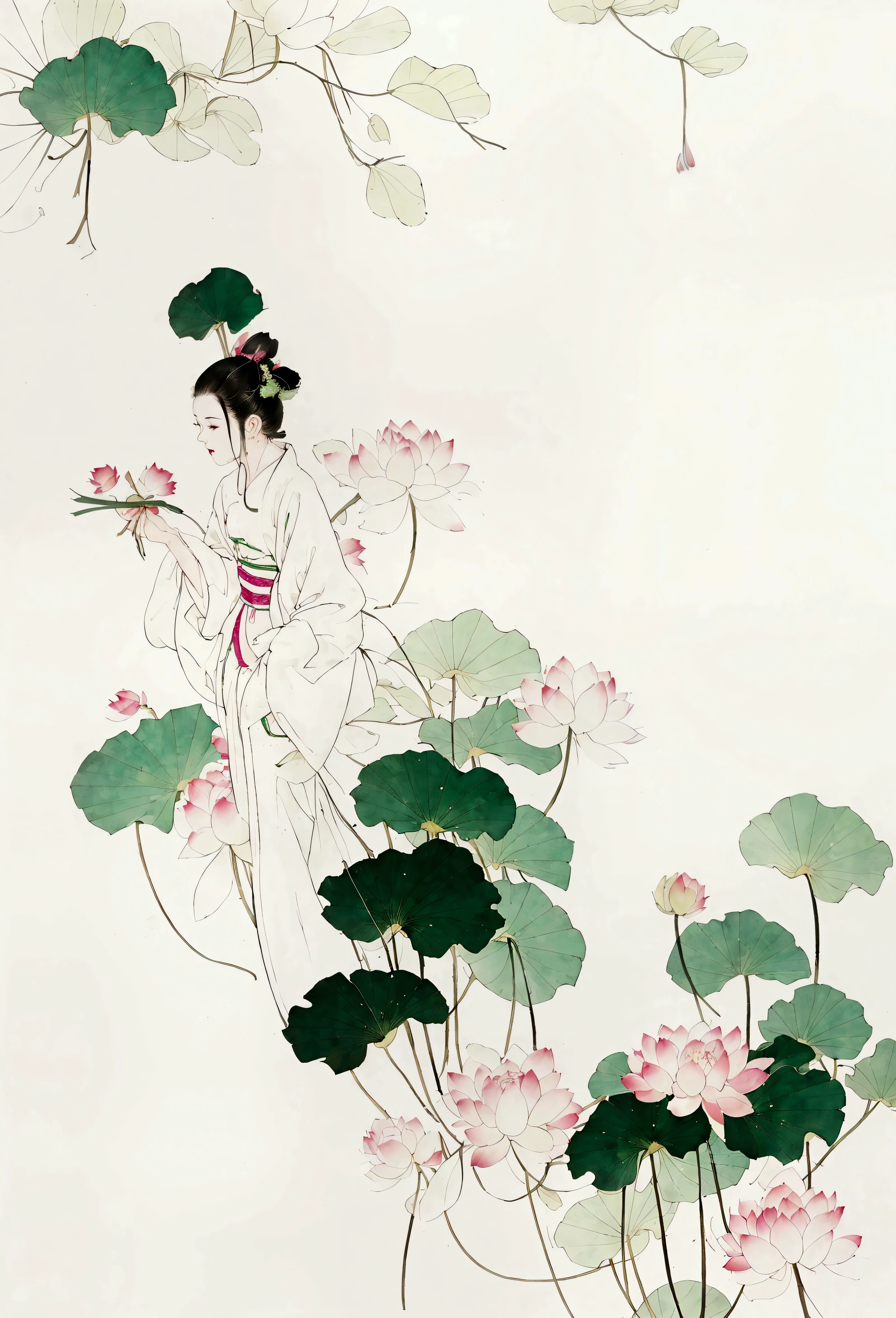 Ink and brushwork style,Lotus,Lotus Leaf,Pink and green color scheme,Simple lines,Hand Painted,HD details,White background,Painting on rice paper,HD 8k