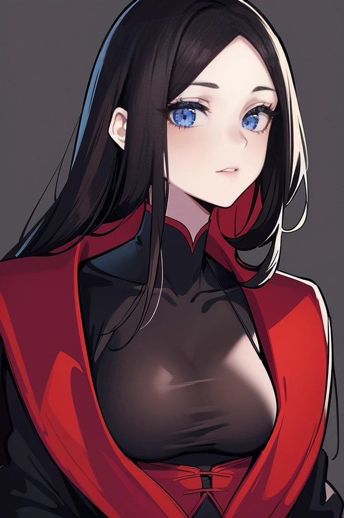 a beautiful girl with long red hair wearing a black dress, extremely detailed facial features, bob hairstyle, full body illustration, woman wearing a long black and red coat, solo character, white background, anime style, highly detailed, photorealistic, 8k, best quality, masterpiece, blue eyes