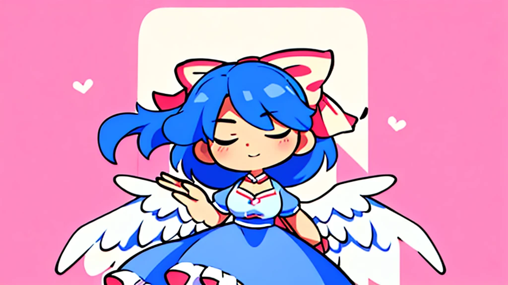 masterpiece, best quality, 1girl, , , , medium blue hair, hair flaps, pink ribbon on head, well-formed face, blue eyes, angel girl, white blouse, puffy short sleeves, red ribbon, angel wings, long white skirt, red shoes, frills, ribbon head, from behind, to lift up one’s skirt, cowboy shot, from front, standing , raise one leg, crossed arms, arms up behind, arms behind back, hand between legs, put hands hip, one hand on hip, forward hands, arms raised in the air, punch hands, peace sign, waving, put up index finger, sit, lie down, closed eyes, lie face down, looking back, put one hand chest, leaning forward, cleavage, close up, horizontally outstretched arms, horizontally outstretched legs, front view, front face