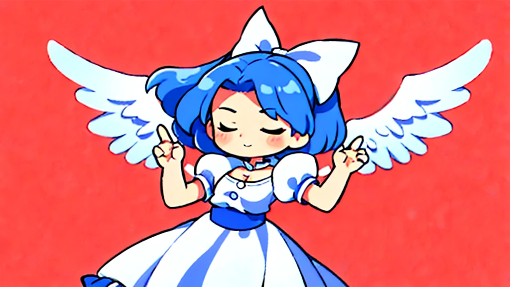 masterpiece, best quality, 1girl, , , 10 years old, medium blue hair, hair flaps, pink ribbon on head, well-formed face, blue eyes, angel girl, white blouse, puffy short sleeves, red ribbon, angel wings, long white skirt, red shoes, frills, ribbon head, from behind, to lift up one’s skirt, cowboy shot, from front, standing , raise one leg, crossed arms, arms up behind, arms behind back, hand between legs, put hands hip, one hand on hip, forward hands, arms raised in the air, punch hands, peace sign, waving, put up index finger, sit, lie down, closed eyes, lie face down, looking back, put one hand chest, leaning forward, cleavage, close up, horizontally outstretched arms, horizontally outstretched legs, front view, front face
