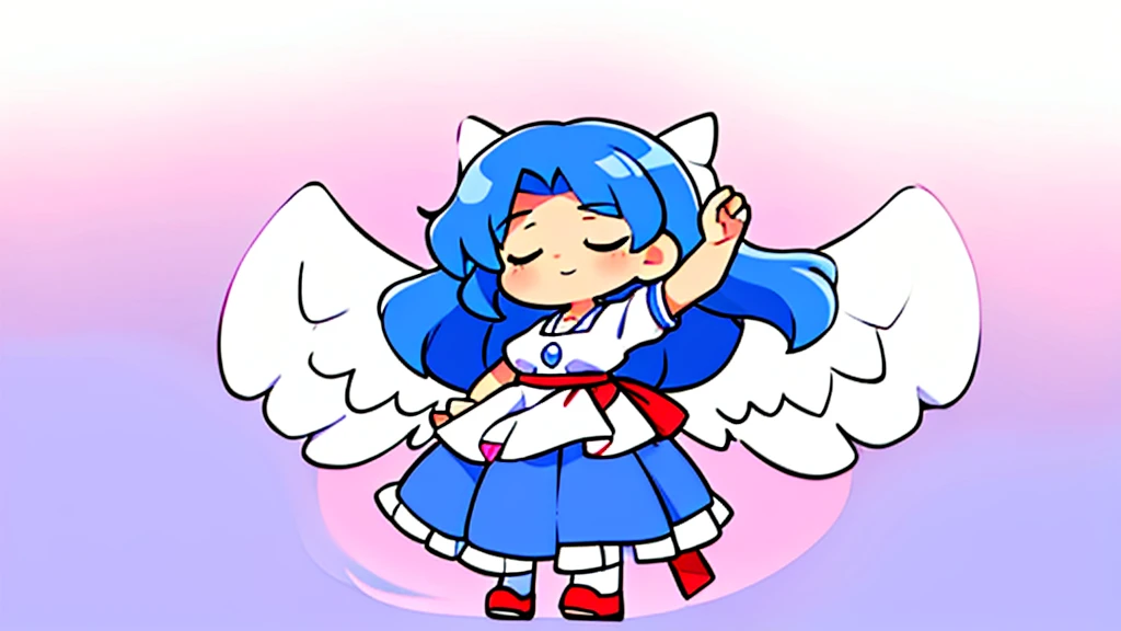 masterpiece, best quality, 1girl, , , 10 years old, medium blue hair, hair flaps, pink ribbon on head, well-formed face, blue eyes, angel girl, white blouse, puffy short sleeves, red ribbon, angel wings, long white skirt, red shoes, frills, ribbon head, from behind, to lift up one’s skirt, cowboy shot, from front, standing , raise one leg, crossed arms, arms up behind, arms behind back, hand between legs, put hands hip, one hand on hip, forward hands, arms raised in the air, punch hands, peace sign, waving, put up index finger, sit, lie down, closed eyes, lie face down, looking back, put one hand chest, leaning forward, cleavage, close up, horizontally outstretched arms, horizontally outstretched legs, front view, front face