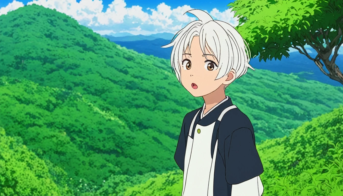 Young white hair stylist boy ayush(anime style) "A boy on a hilltop surrounded by trees and bushes, looking amazed and confused."her face shocked, fear in eyes (Anime )