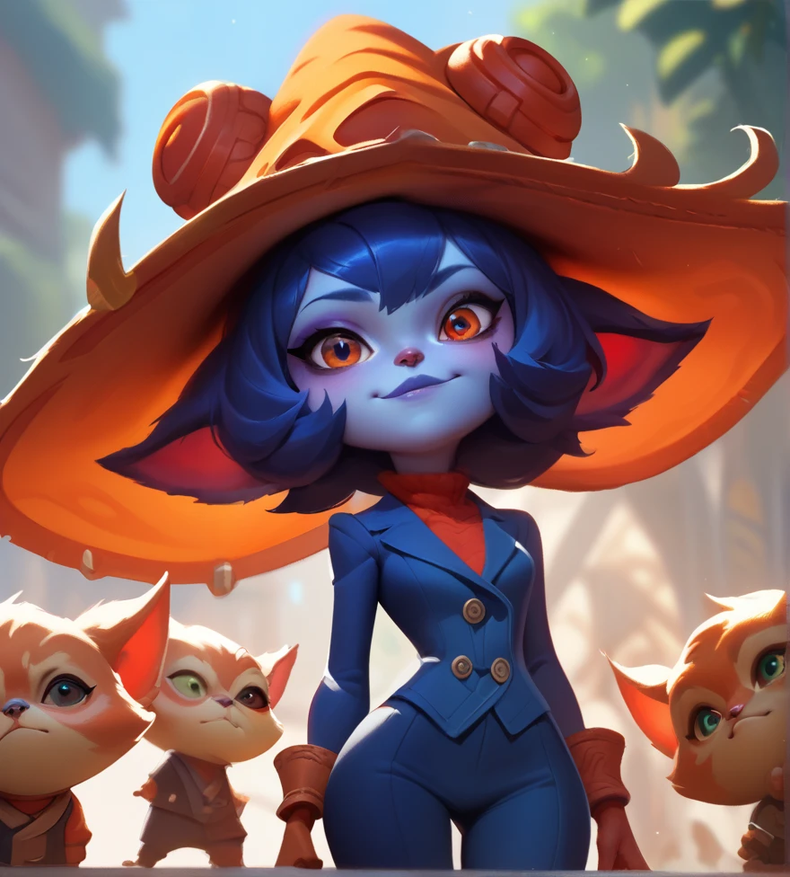 score_9, score_8_up, score_7_up, score_6_up, score_5_up, score_4_up, orange red yordle female, a dubious little creature getting up to mischief,cute,pretty,attrative,seminua,rdles,slender,thin,blue suit