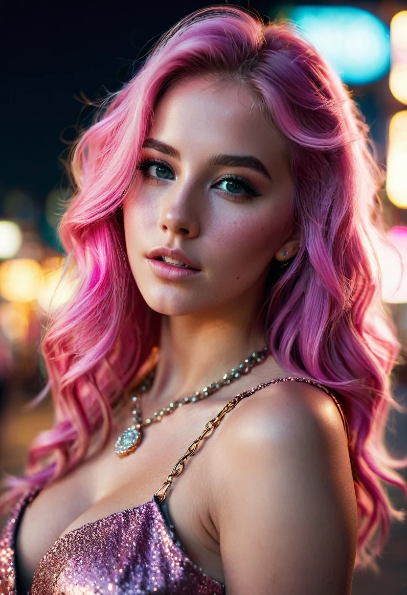 most beautiful girl. cute face, long pink hair, wavy hair, depth of field, cinematic lighting, blurry, glowing light, cowboy shot, from below, bokeh, bokeh, Eye-Level Shot, f/1.2, 85mm, Sony FE , highres, best quality, high details, super detail, textured skin, UHD. very beautifull 20 years old girl. exposed cleavage. necklace. beautifull armpit. high heels. holding 1 gucci hand bag. slim waist. sexy pose. pierced belly button. nice hips. tall girl. natural textured skin. realistic skin texture. night. Downtown las vegas. leaning on street light. crowded traffic jam. wearing sexy dress.
