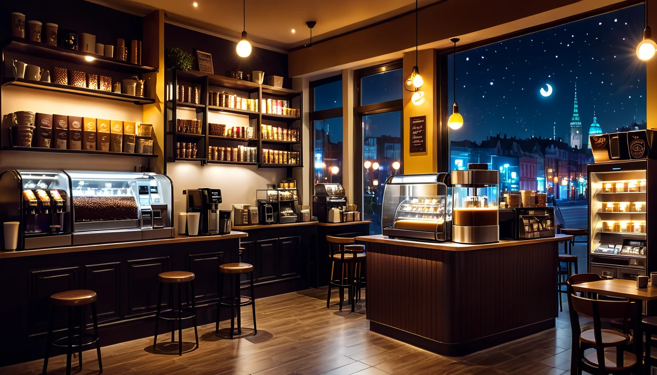 a cozy night time at a coffe interior with cozy lighting and sweets in the shelves. There are coffee cups in the tables. a cash machine and a coffee maker machine in the counter,There is a big window in the middle of the coffeeshop and the outside view is the city at night