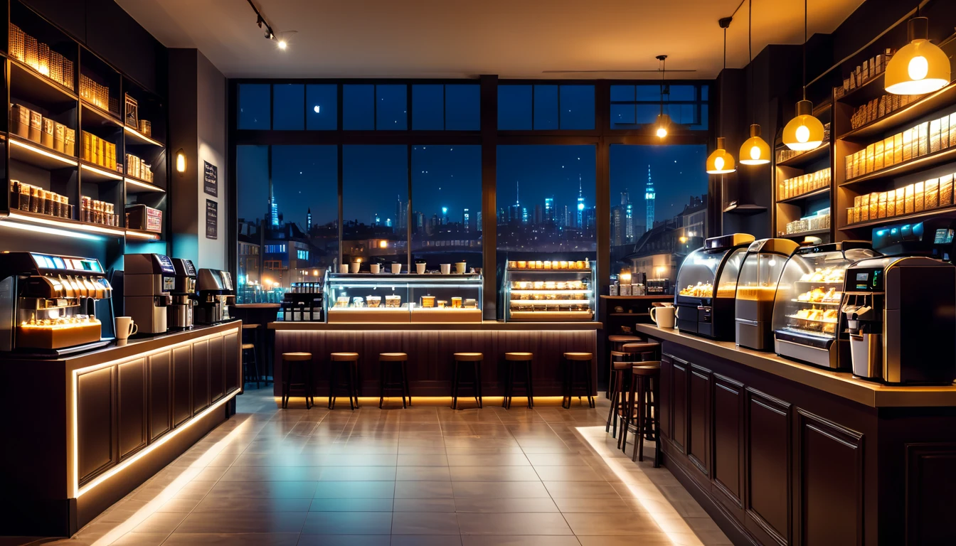 a cozy night time at a coffe interior with cozy lighting and sweets in the shelves. There are coffee cups in the tables. a cash machine and a coffee maker machine in the counter,There is a big window in the middle of the coffeeshop and the outside view is the city at night